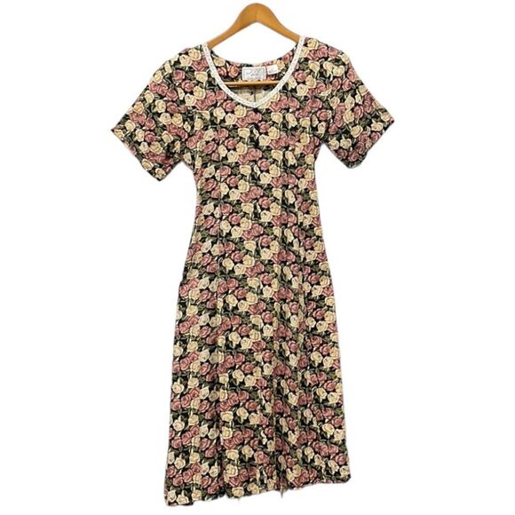 Vintage 90s JIT Floral Lace Midi‎ Length Back Lace Up Womens Dress Sz M - Picture 1 of 10
